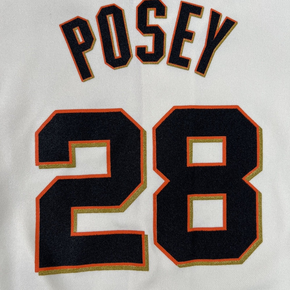 Majestic Buster Posey 28 San Francisco Giants Jersey M Cream Stitched Kids MLB - Picture 7 of 11